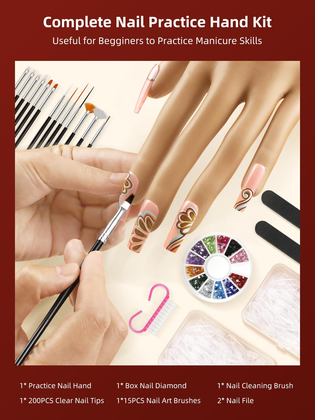 Practice Hand Kit for Acrylic Nails with Adjustable Stand and Accessories