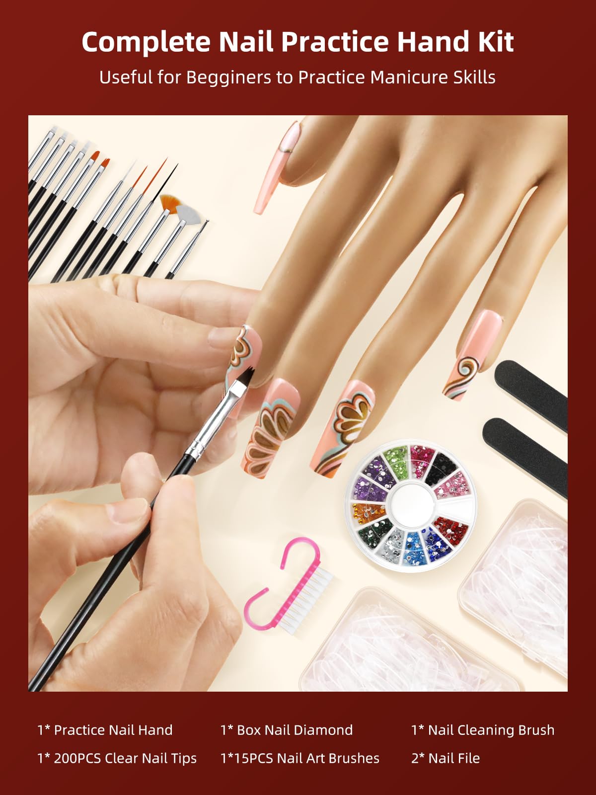 Practice Hand Kit for Acrylic Nails with Adjustable Stand and Accessories