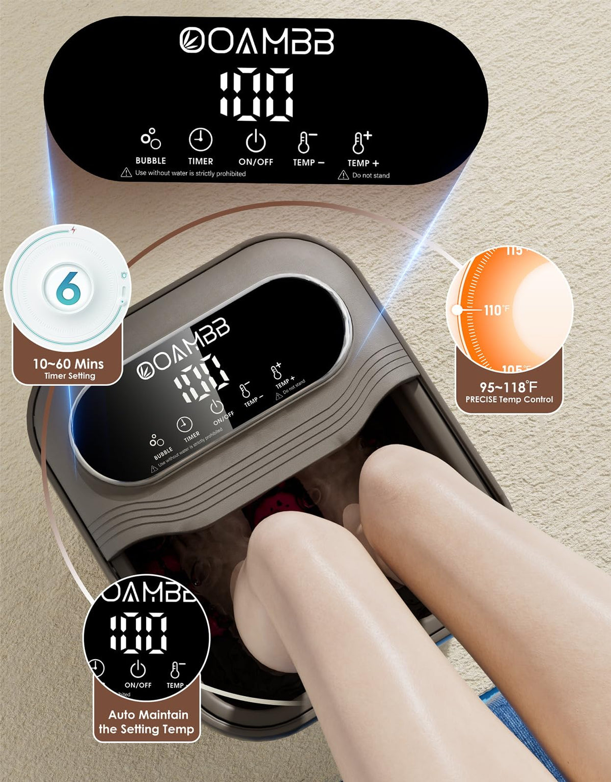 OOAMBB Collapsible Foot Spa with Heat, Bubble and Temperature Control