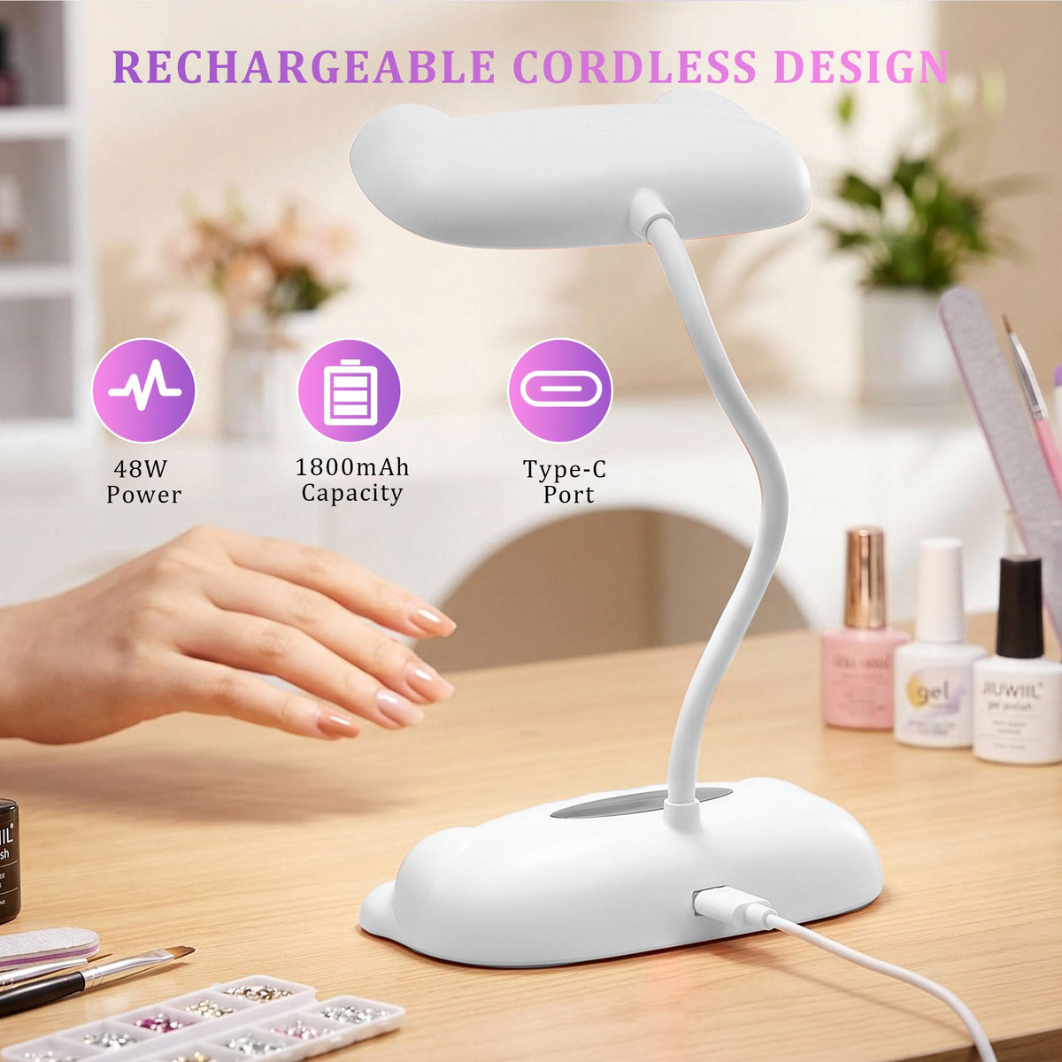 JIUWIIL 48W UV LED Nail Lamp with 24 Beads and Flexible Gooseneck