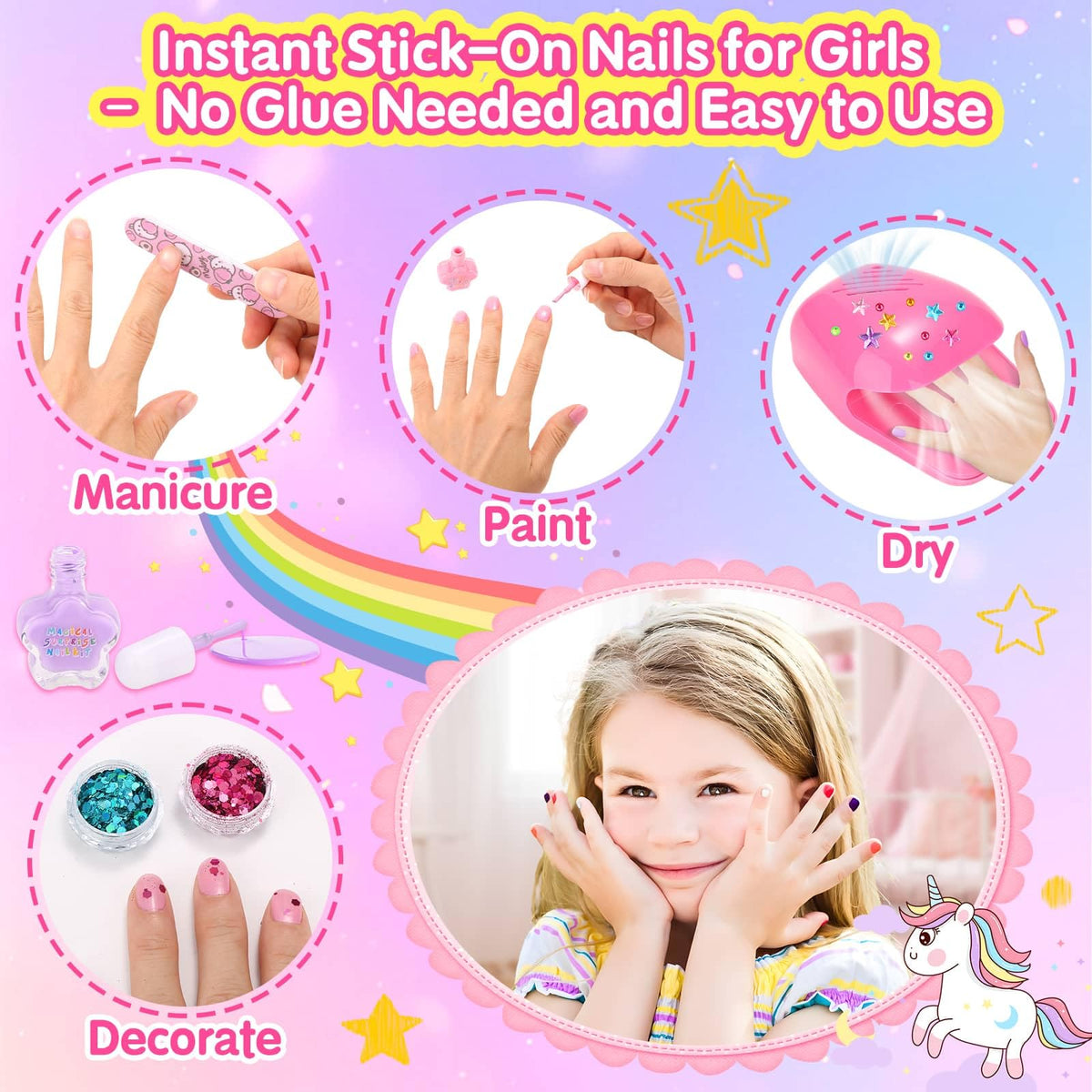 Rainbow Unicorn Kids Nail Polish and Press-On Nails Art Kit
