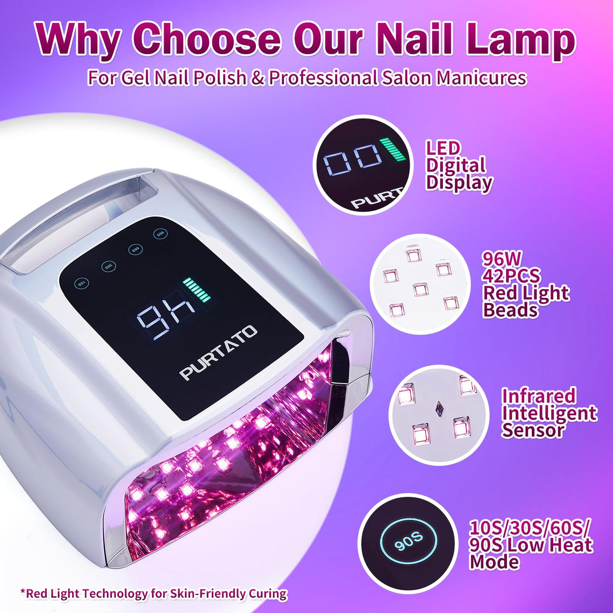 PURTATO 96W Rechargeable Cordless UV LED Nail Lamp