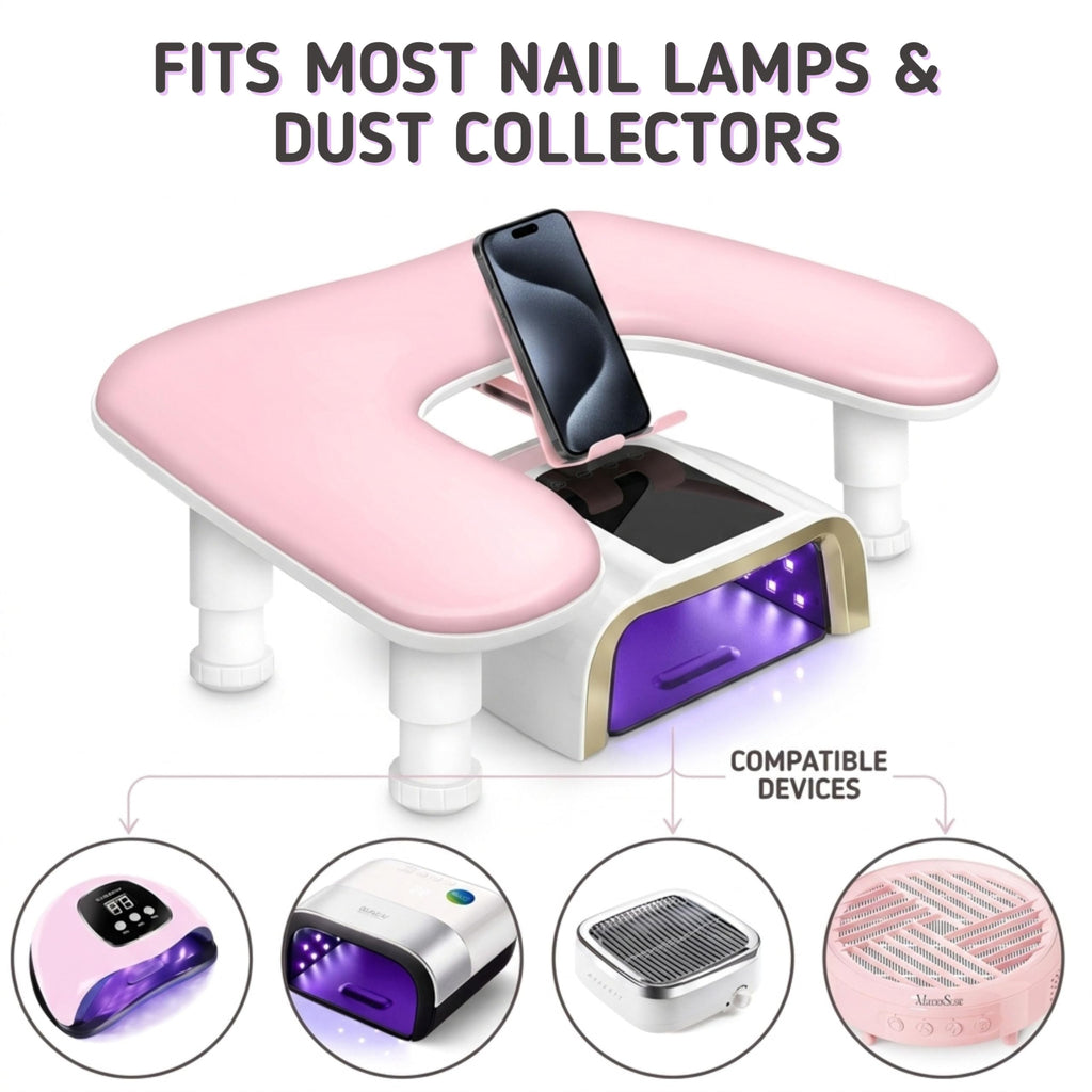 U-Shaped Nail Arm Rest with Adjustable 360° Phone Holder, Pink