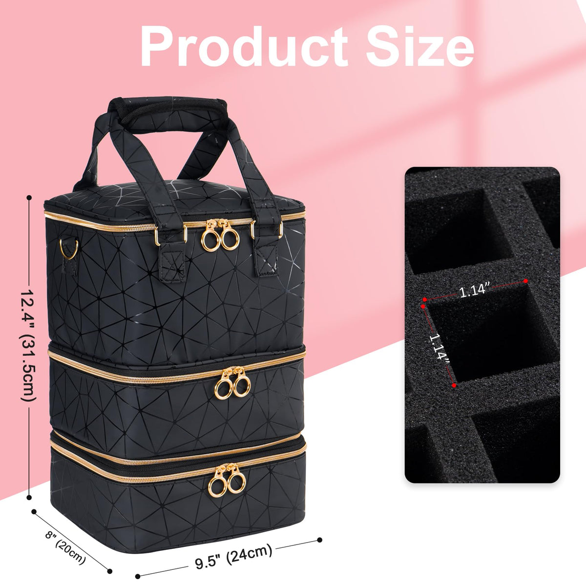 Uross Black Nail Polish Organizer Bag with Three-Layer Storage