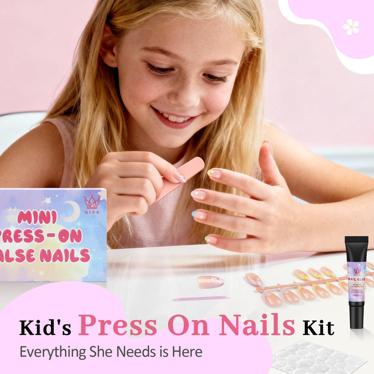 Kids Press-On Nail Kit with Adhesives and Nail Tools