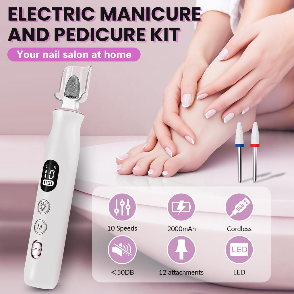 Electric Nail Drill, Cordless Rechargeable Nail File Kit for Manicure & Pedicure