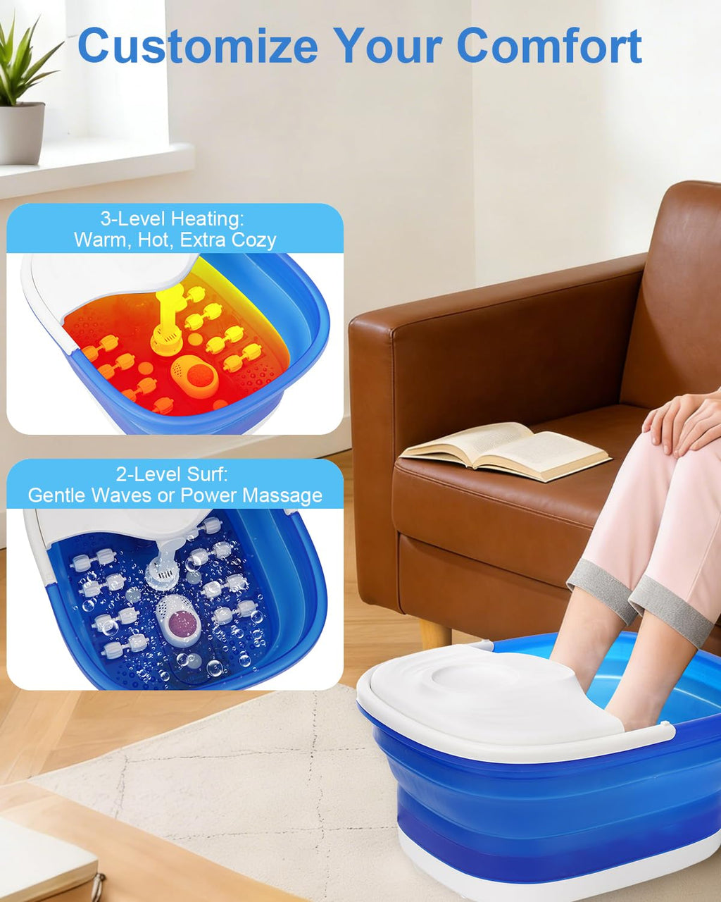 Royal Blue Collapsible Foot Spa Bath with Heat, Remote, Rollers & Red Light