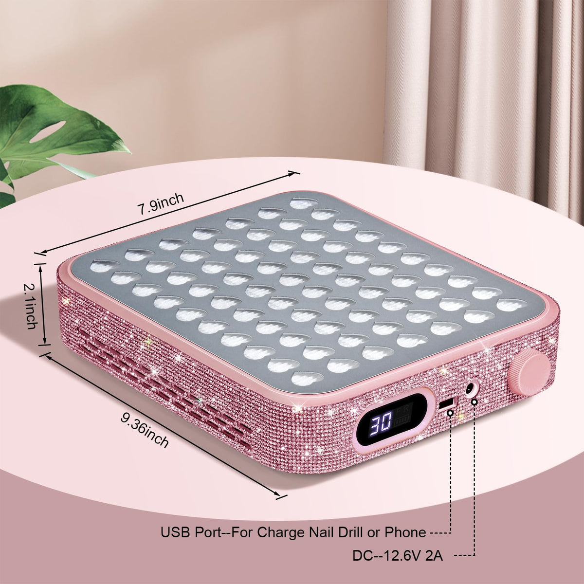 Nail Dust Collector with Reusable Filter, Quiet Adjustable Suction, Pink Diamond
