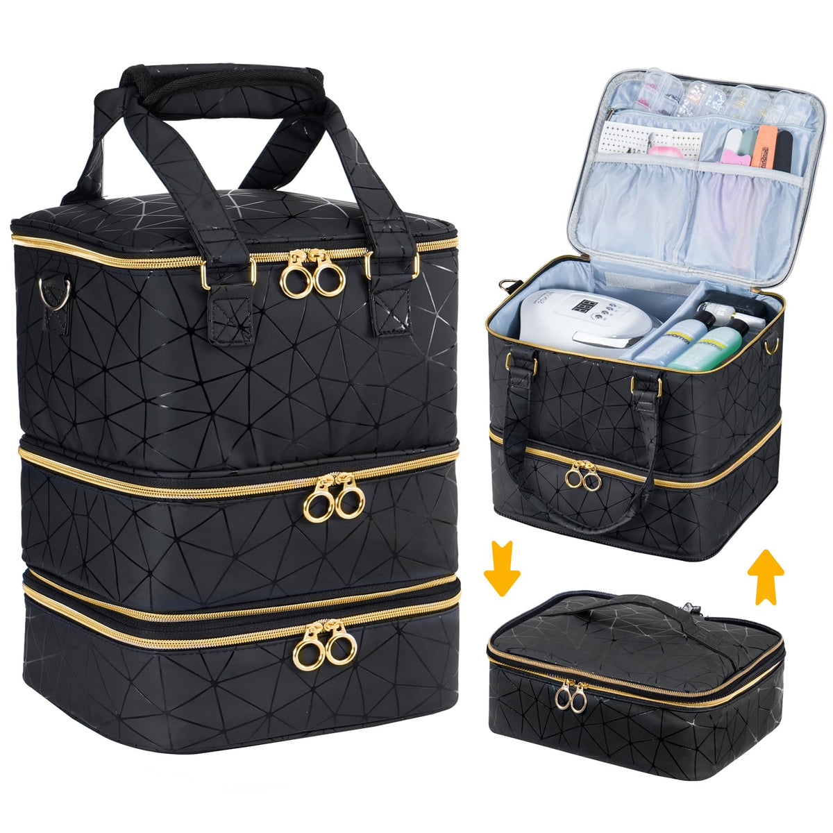 Uross Black Nail Polish Organizer Bag with Three-Layer Storage