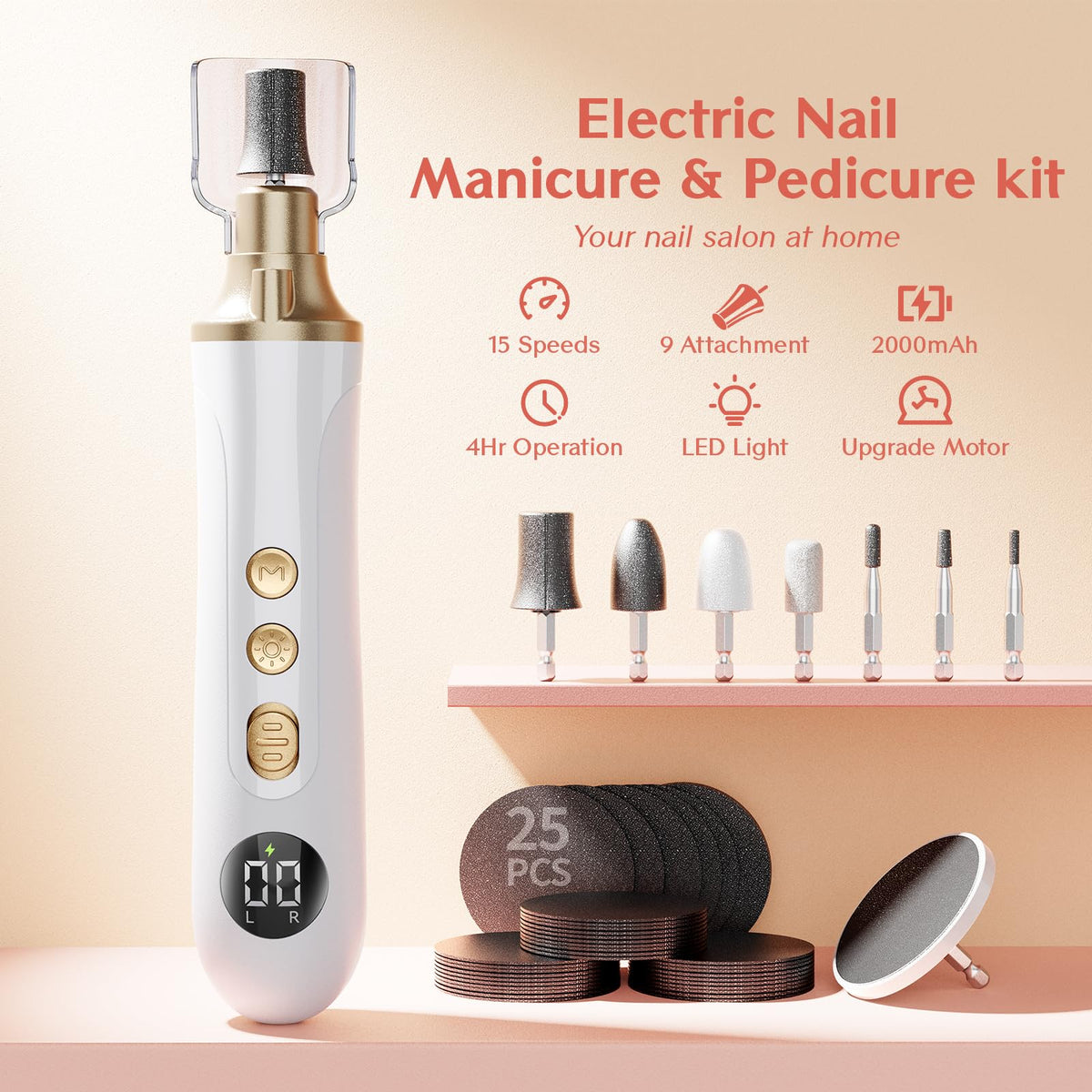 Cordless Electric Nail Drill and File for Manicure, Pedicure, Acrylic and Gel Nails
