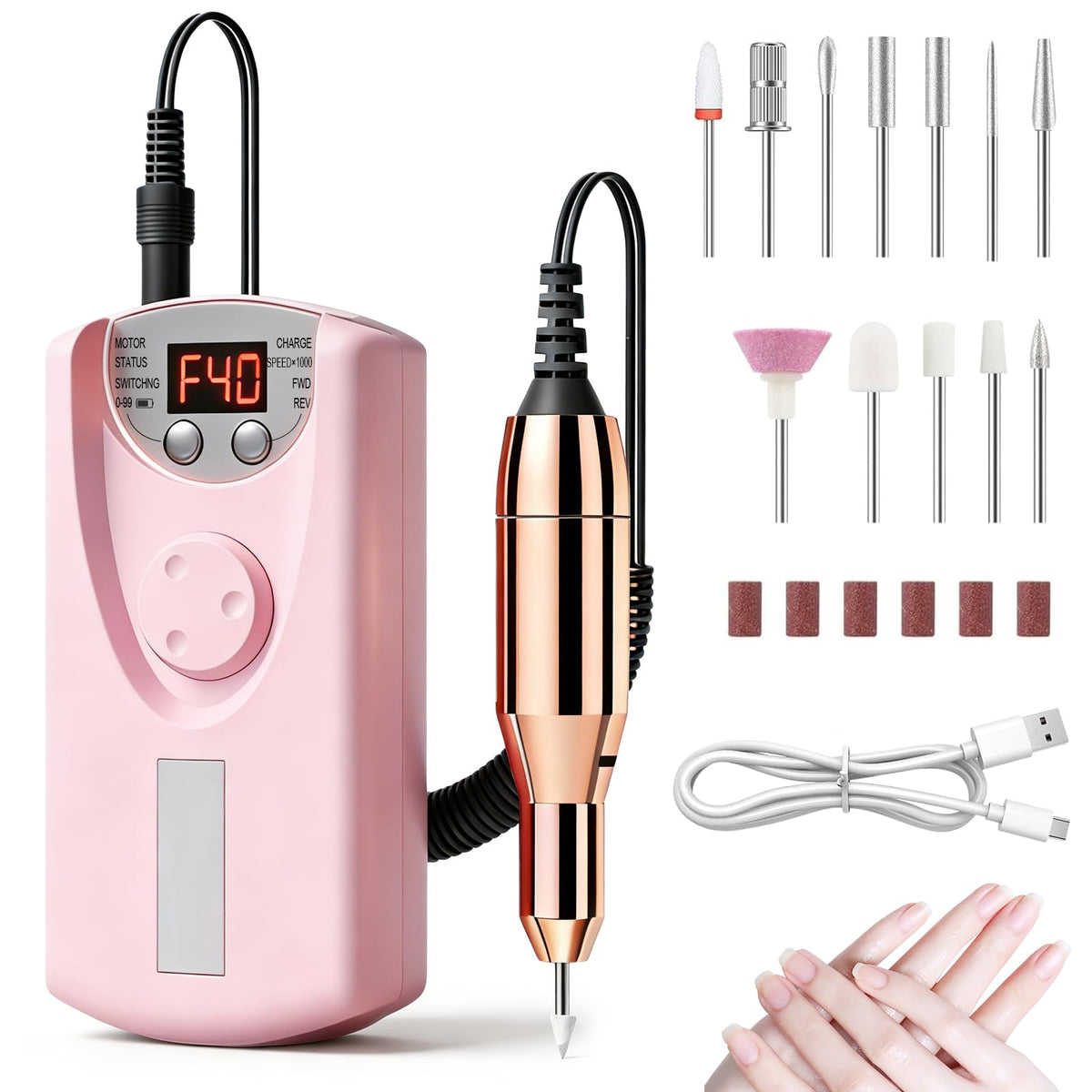 Professional Cordless Nail Drill Kit, 40,000 RPM, 12 Bits, USB-C Rechargeable