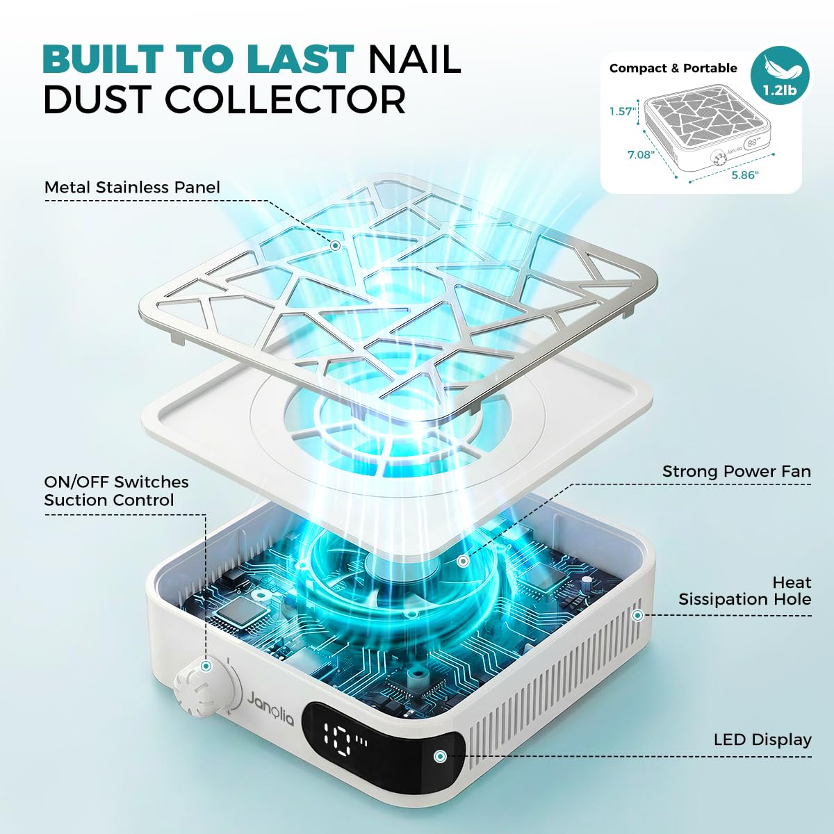 Janolia Cordless Nail Dust Collector, 6000RPM 10-Speed Vacuum