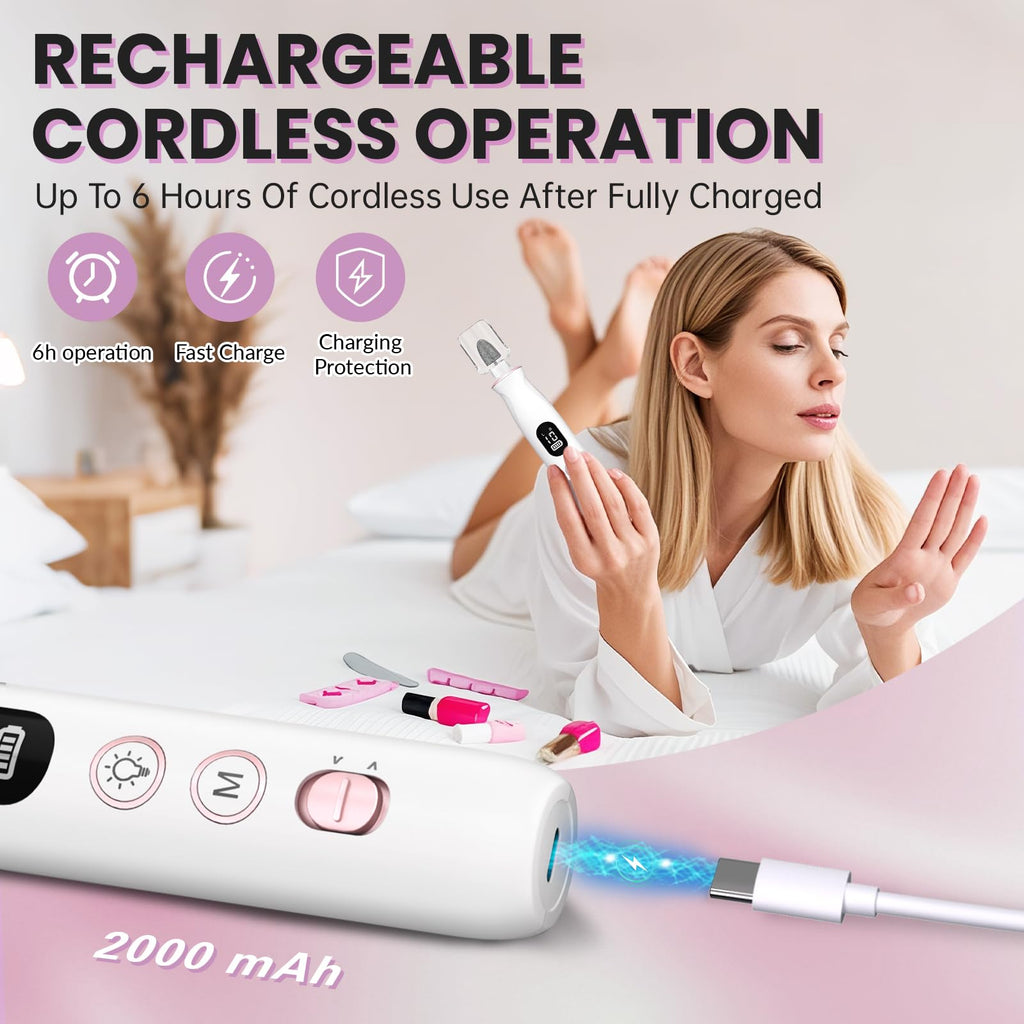 Electric Nail Drill, Cordless Rechargeable Nail File Kit for Manicure & Pedicure
