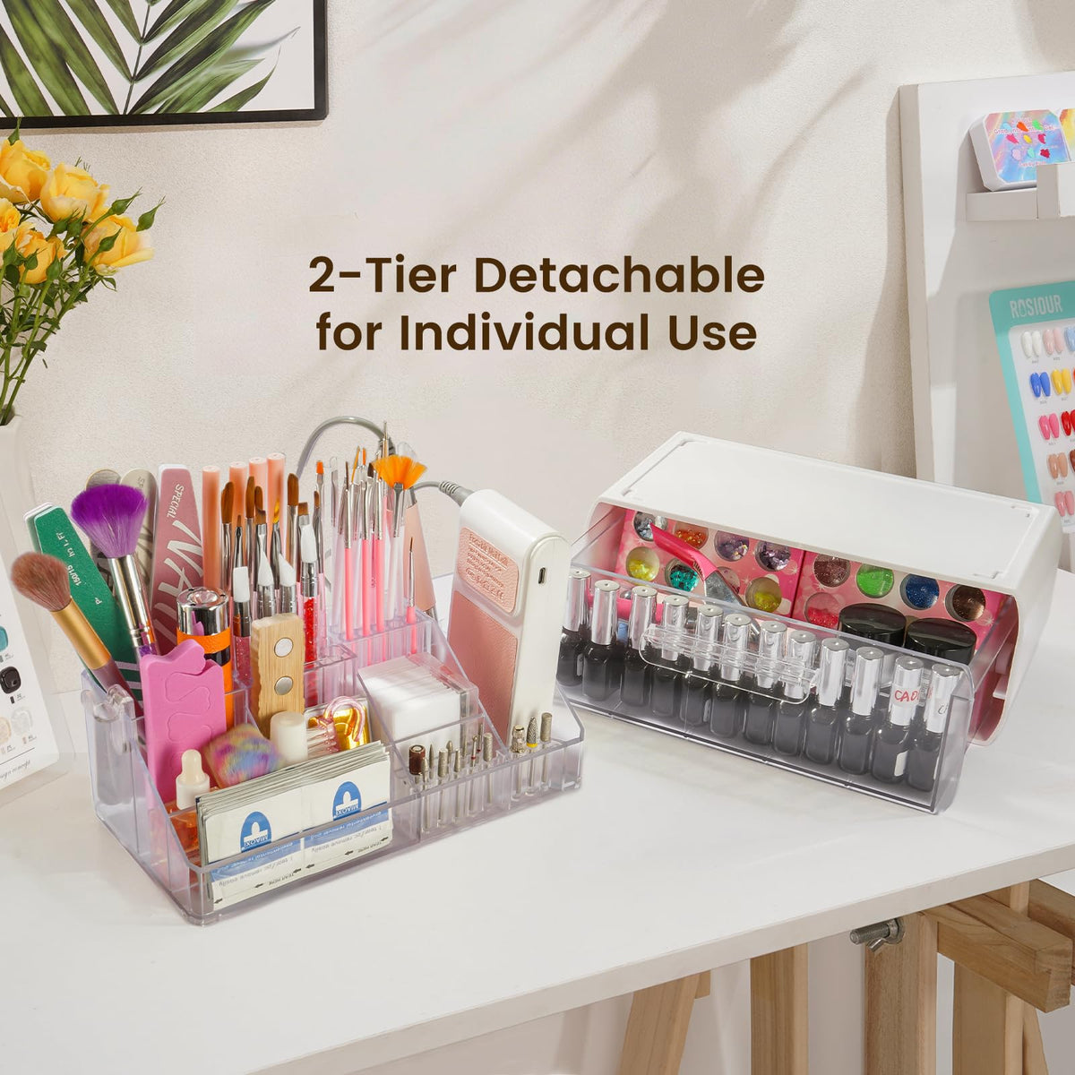 2-Tier Nail Tech Desk Organizer with Drawer for Nail Supplies