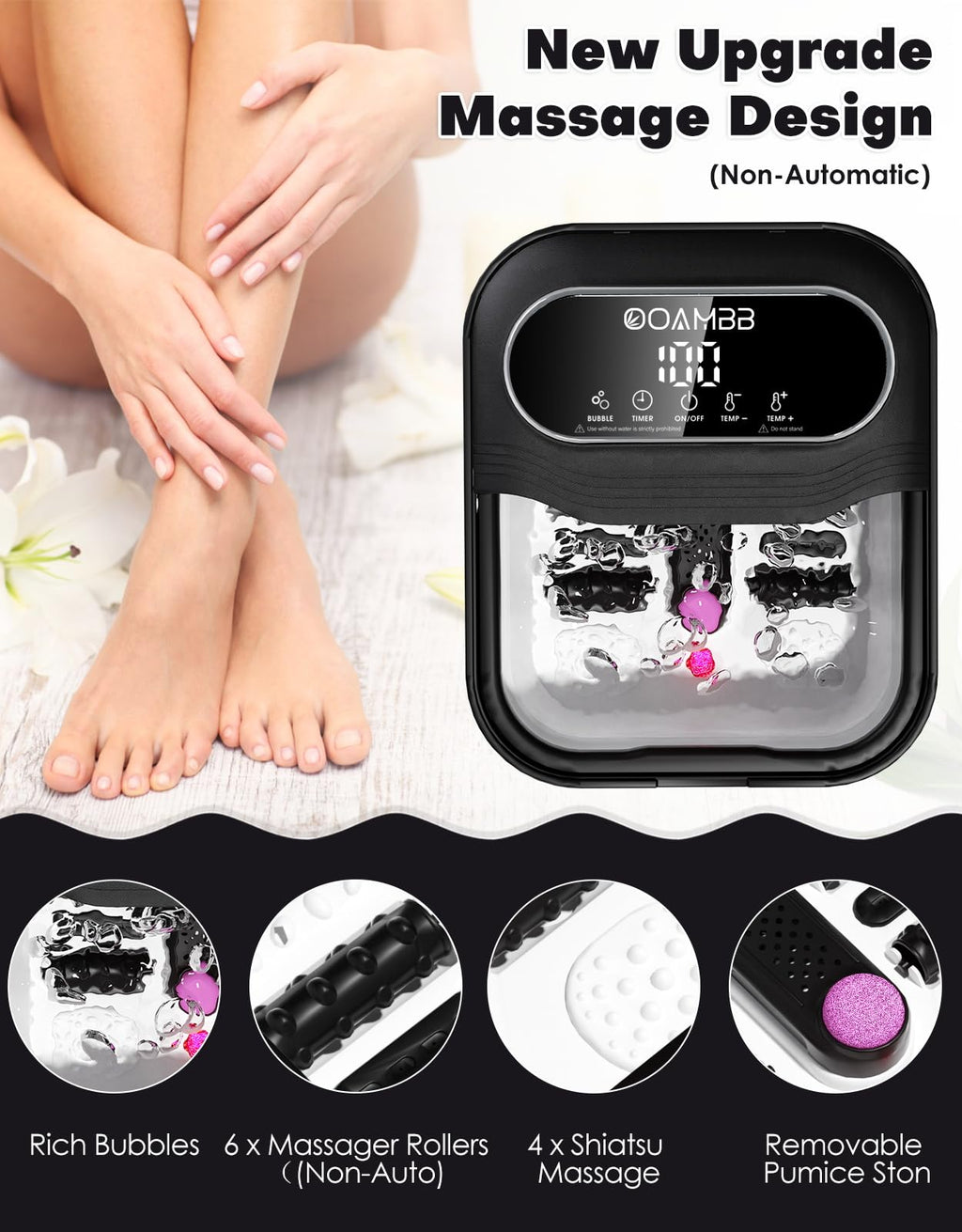 OOAMBB Collapsible Foot Spa with Heat, Bubbles, Massage Rollers and Touch Screen