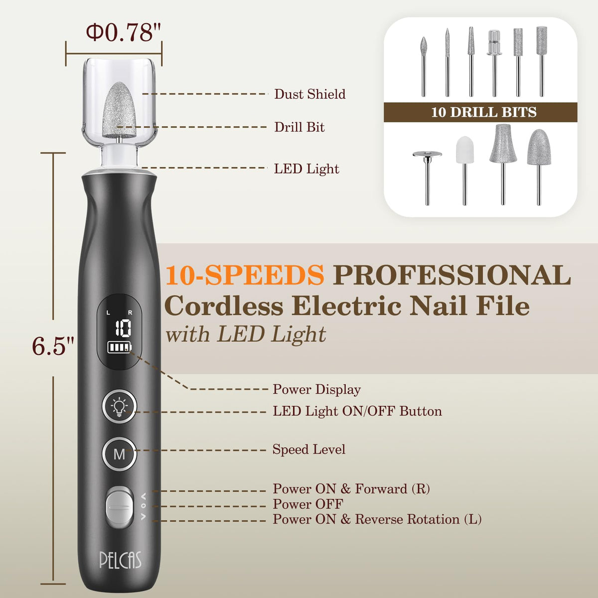 PELCAS Electric Nail Grinder, Cordless Nail Drill with LED Light and LCD Screen