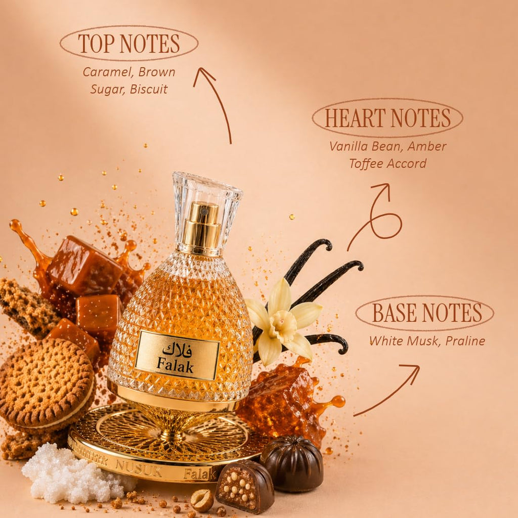 Nusuk Falak Unisex Eau de Parfum Spray, Gourmand Caramel Vanilla Fragrance