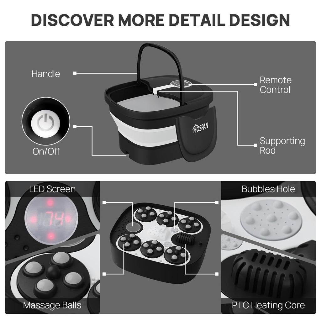 HOSPAN Collapsible Electric Foot Spa with Heat, Bubbles, Massage and Remote