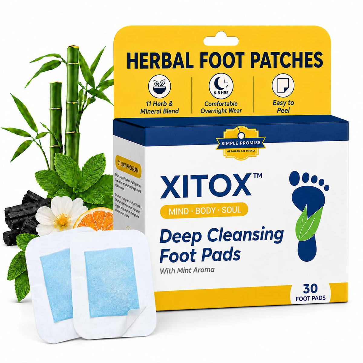 Simple Promise Xitox Herbal Foot Pads with Bamboo Vinegar, Tourmaline, 30 Count