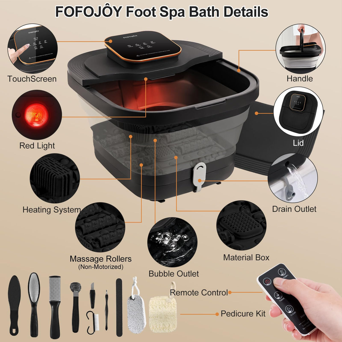 FOFOJÔY Collapsible Foot Spa Bath with Heat, Massage, Bubbles and Pedicure Kit