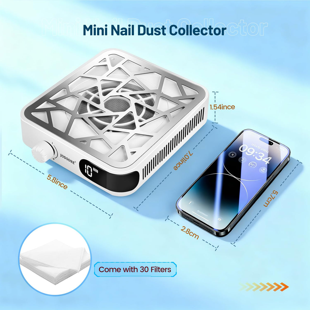 JODSONE Mini 6000RPM Nail Dust Collector with 30 Filters