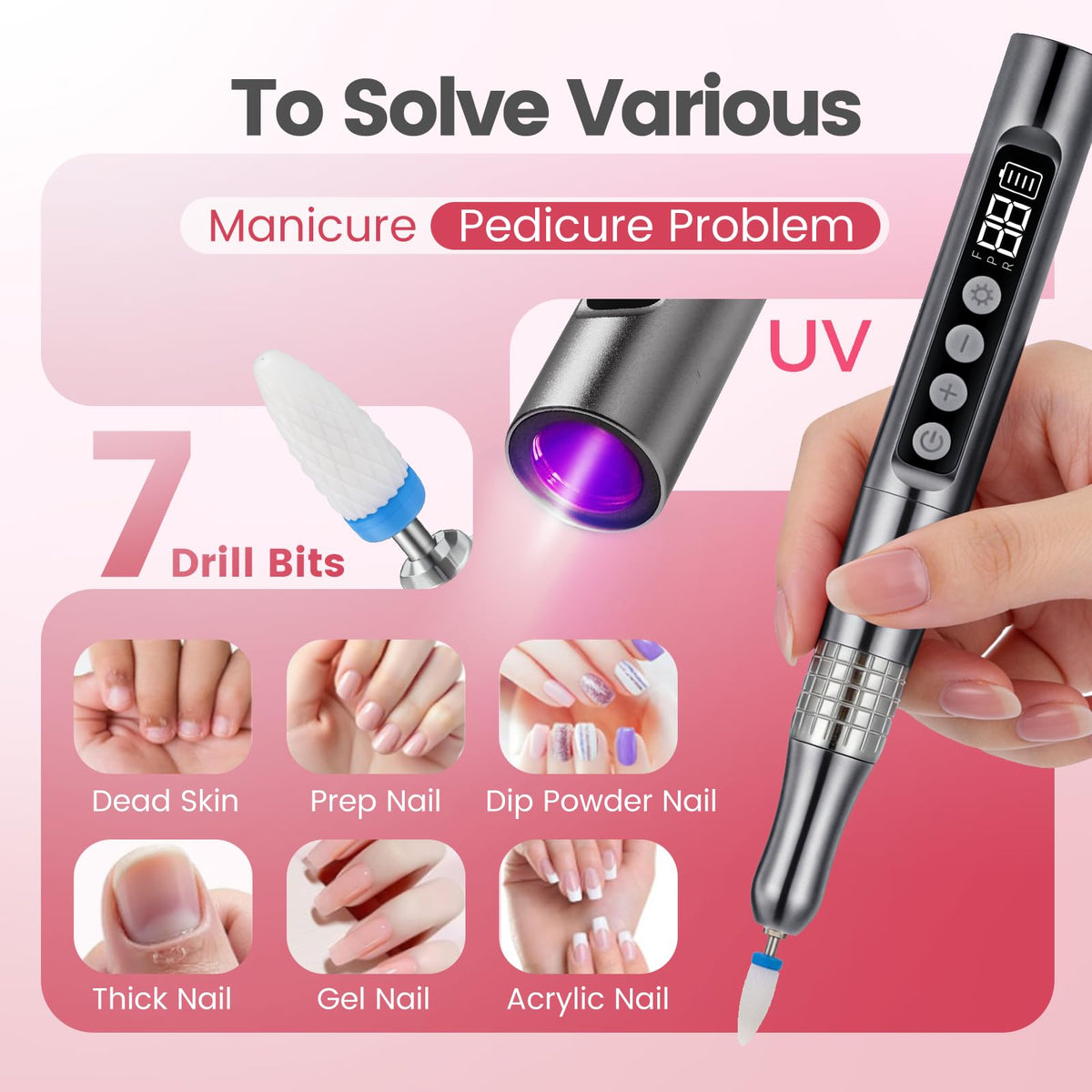 Mosugia 35000RPM Cordless Nail Drill with UV Lamp