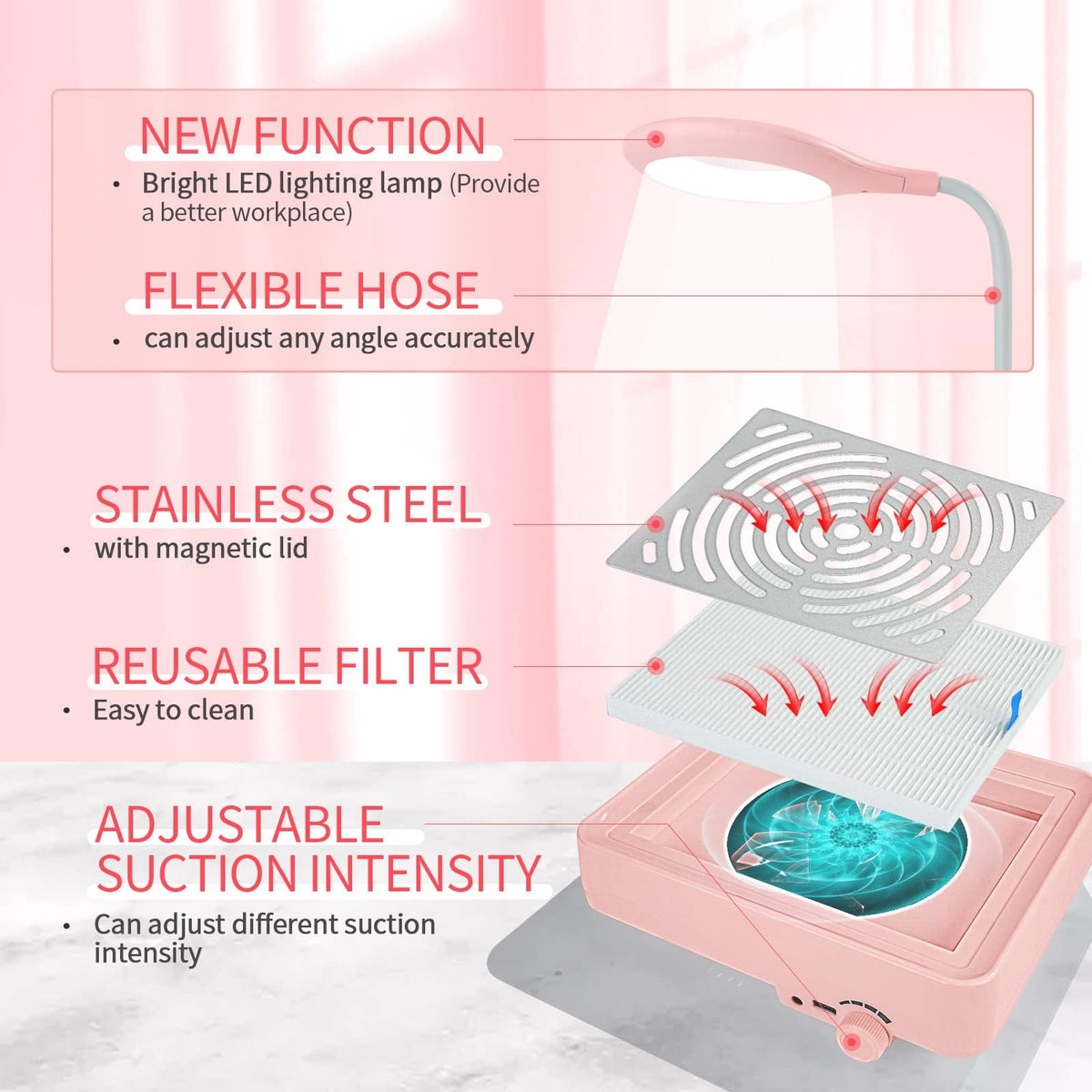 SAVILAND Nail Dust Collector with LED Lamp and Reusable Filter