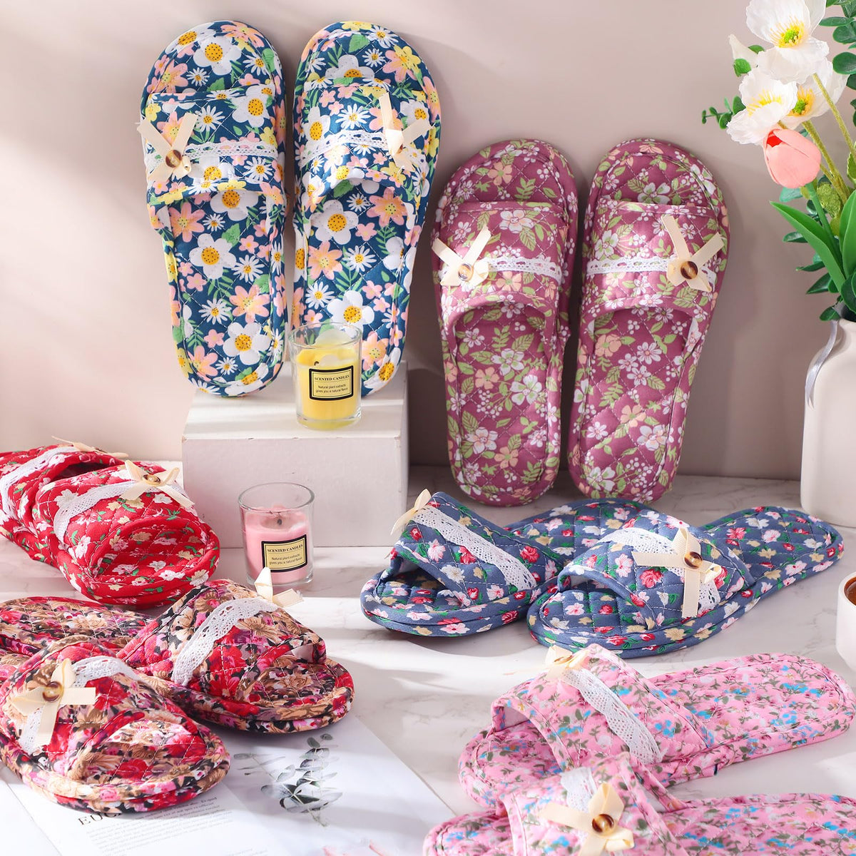 6 Pairs Floral Cotton Open Toe House Slippers for Women, Washable Travel Slippers