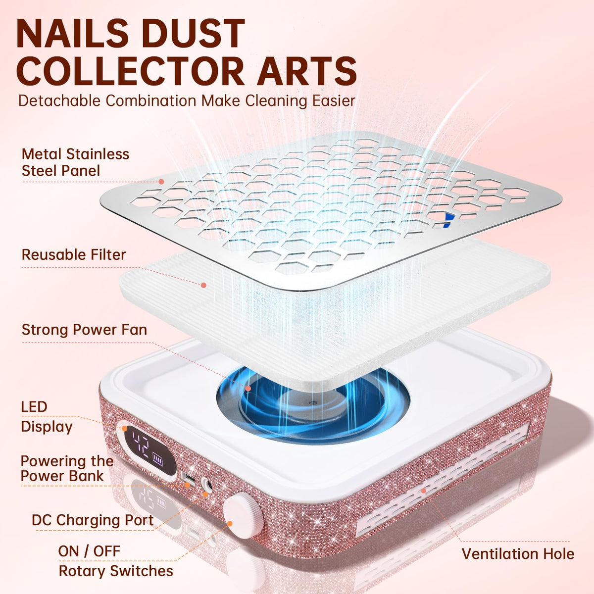 CHRISTINE SHELLY Rechargeable Nail Dust Collector with Adjustable Suction
