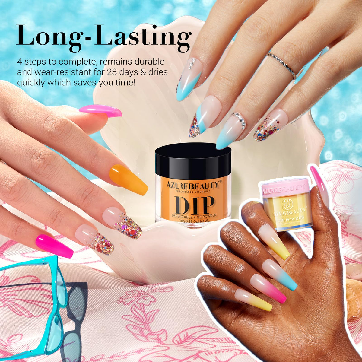 AZUREBEAUTY 42-Piece Dip Powder Nail Kit, 32 Colors with Base, Top Coat & Activator