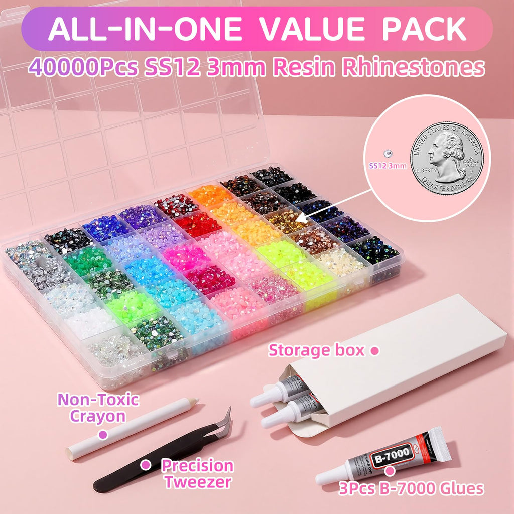 Bedazzling Kit with 40,000 3mm Resin Rhinestones, 40 Colors & B7000 Glue