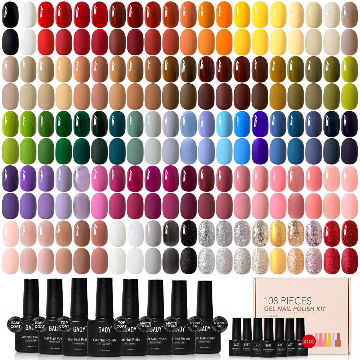 GAOY 108-Piece Gel Nail Polish Set with Base, Top & Builder Gel