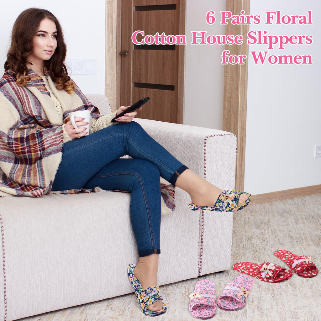 6 Pairs Floral Cotton Open Toe House Slippers for Women, Washable Travel Slippers