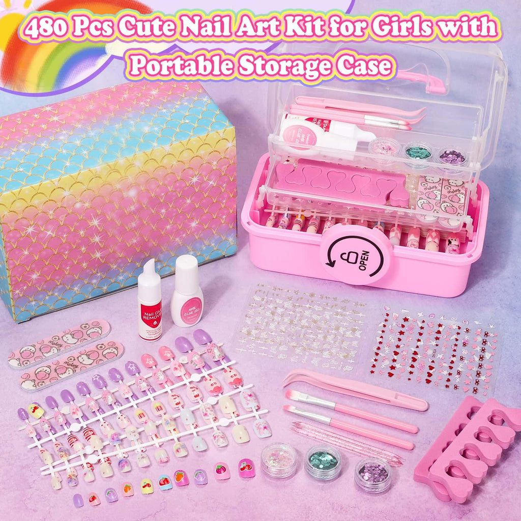 Pink Kids Press-On Nails and Nail Art Kit with Glue, Remover and Case