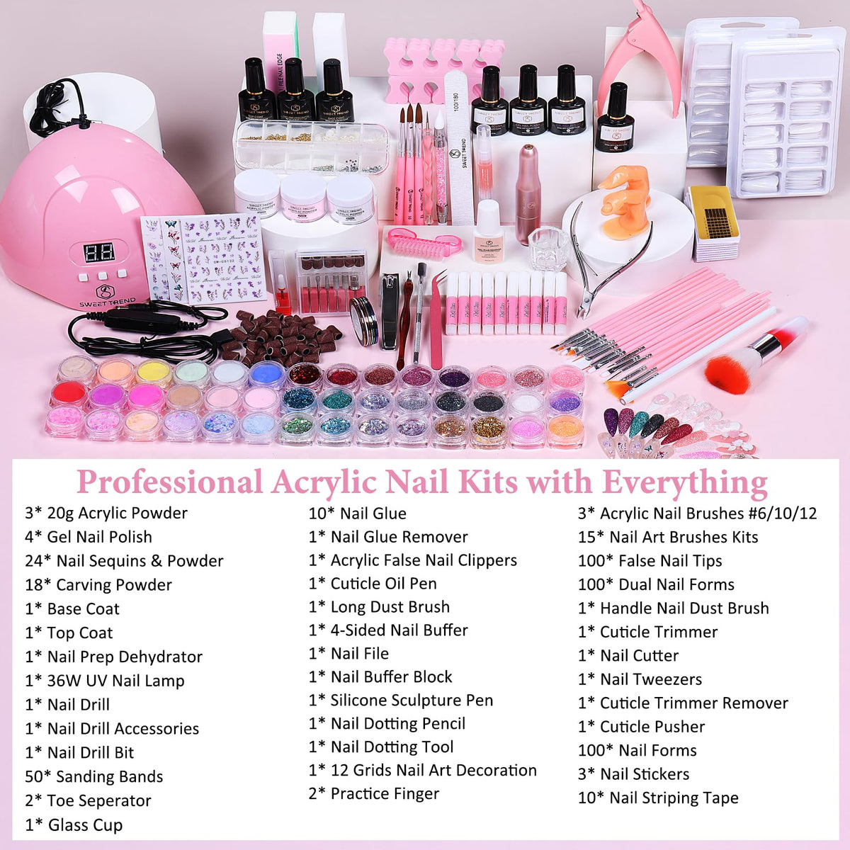 Acrylic Nail Kit for Beginners with Gel Polish, UV Lamp, Nail Drill and Full Tools