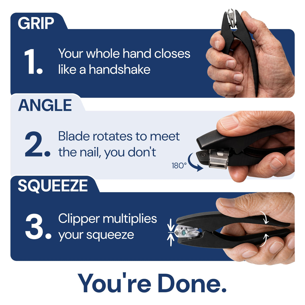 Prime Thick Toenail Clippers, 180° Swivel, Stainless Steel Palm Grip