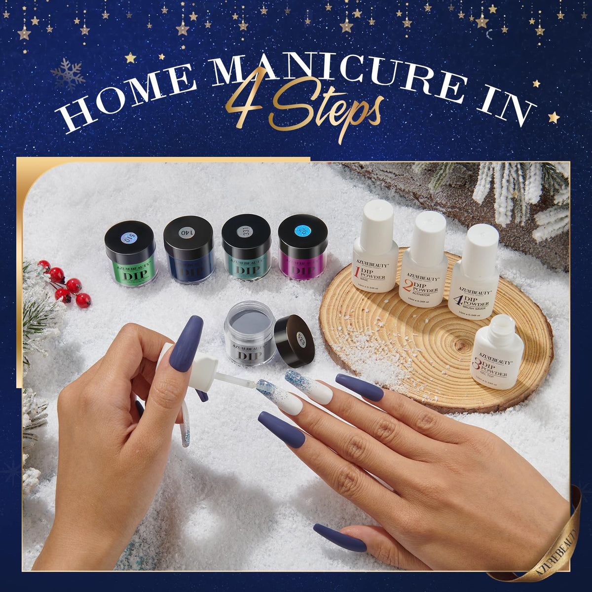 AzureBeauty Dip Powder Nail Kit Starter Set with Base, Top Coat and Activator