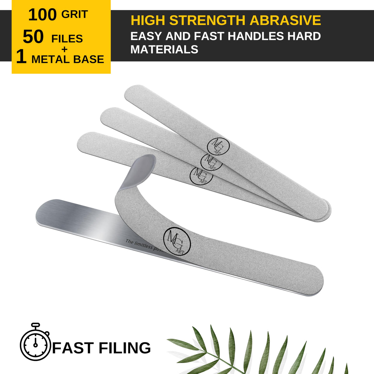MGart 100 Grit Peel-and-Stick Nail Files with Reusable Metal Base, 50 Pieces