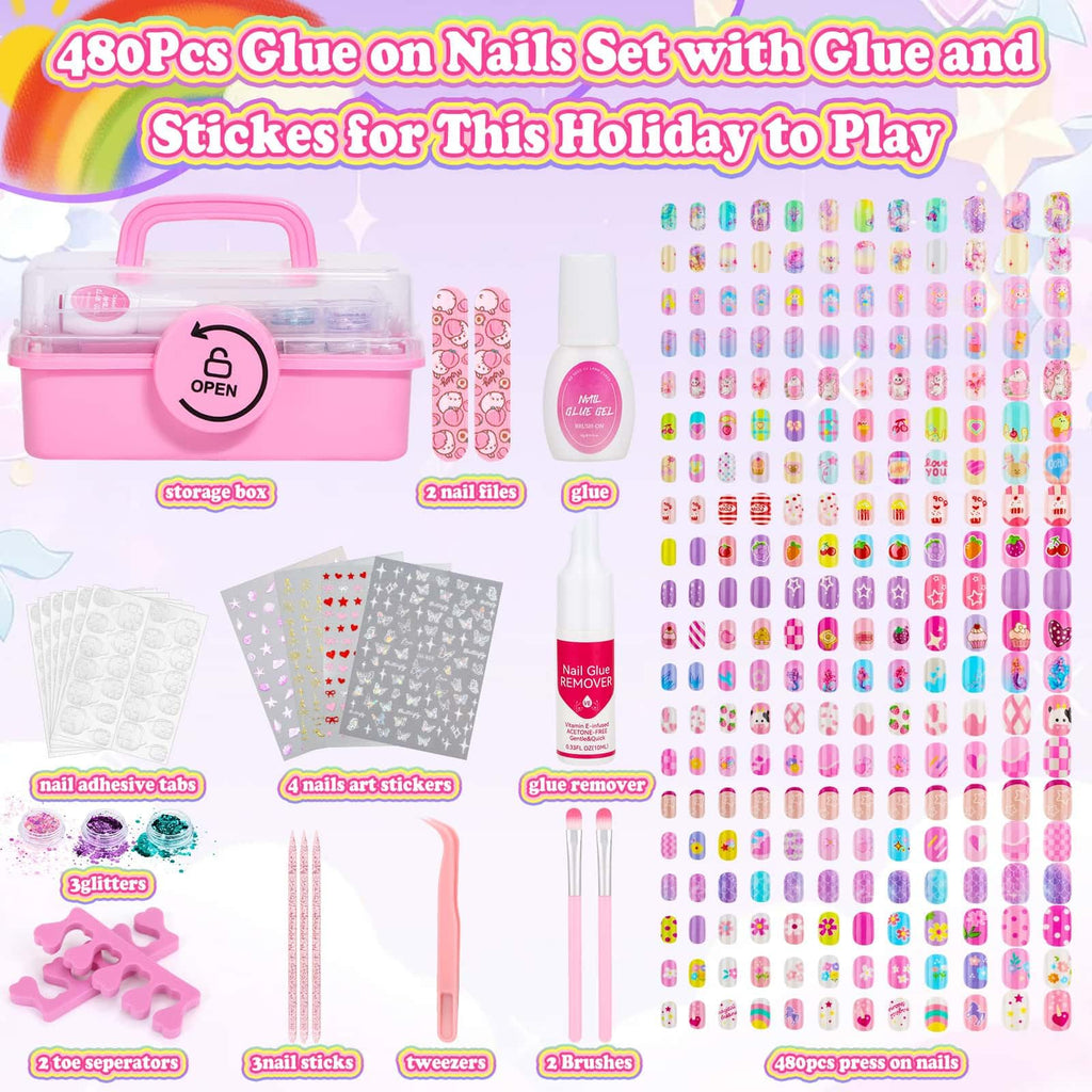 Pink Kids Press-On Nails and Nail Art Kit with Glue, Remover and Case