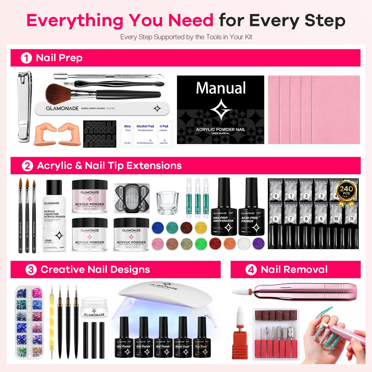 Glamonade Acrylic Nail Kit for Beginners, DIY Nail Art Starter Set