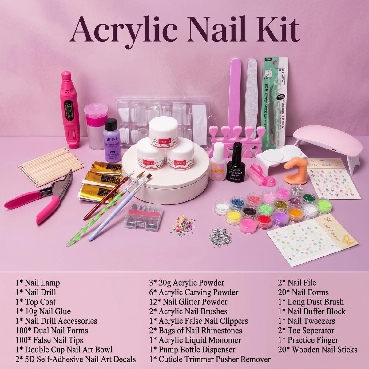 Professional Acrylic Nail Kit with UV Lamp, Drill & Nail Art Tools