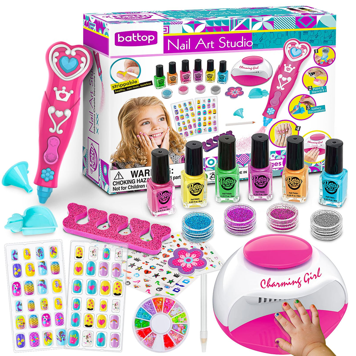 BATTOP Kids Nail Polish Set with Nail Dryer and Glitter Pen