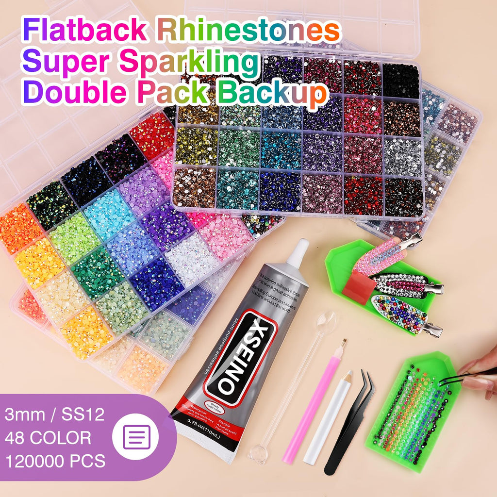 XSEINO 120,000-Piece Resin Rhinestone Bedazzling Kit, 48 Colors, Glue & Tools