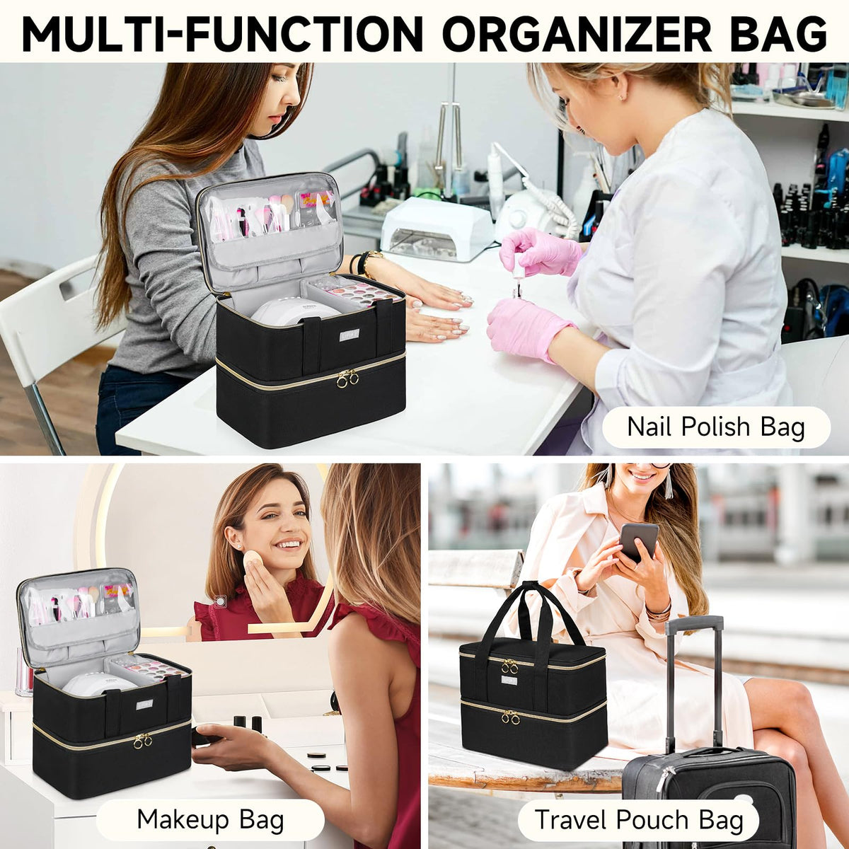 Nail Polish Organizer Bag for 40+ Bottles with Double-Layer Storage