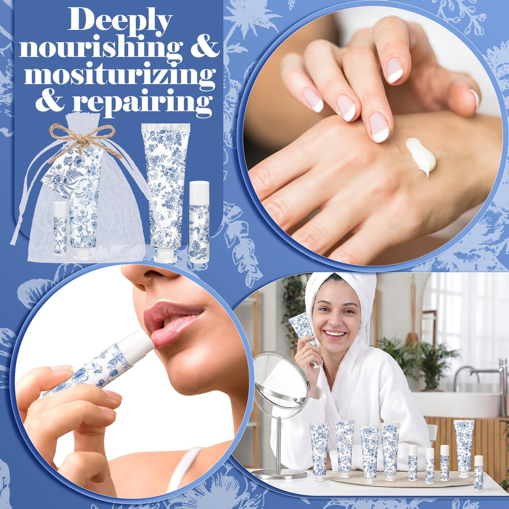 Loopeer Blue Floral Hand Cream and Lip Balm Gift Set, Travel Size Wedding Favors