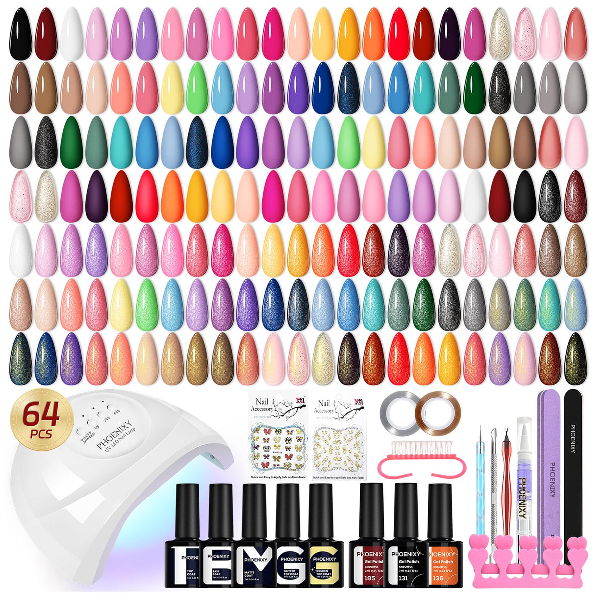 PHOENIXY Gel Nail Polish Kit with UV LED Lamp, 45 Colors and Top Coats