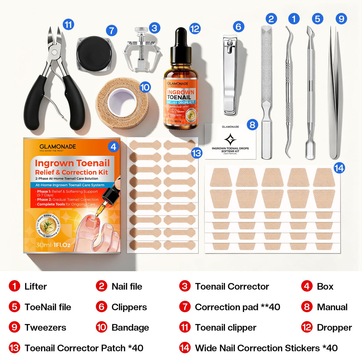 Glamonade Ingrown Toenail Removal Kit, 13-Piece At-Home Care Set