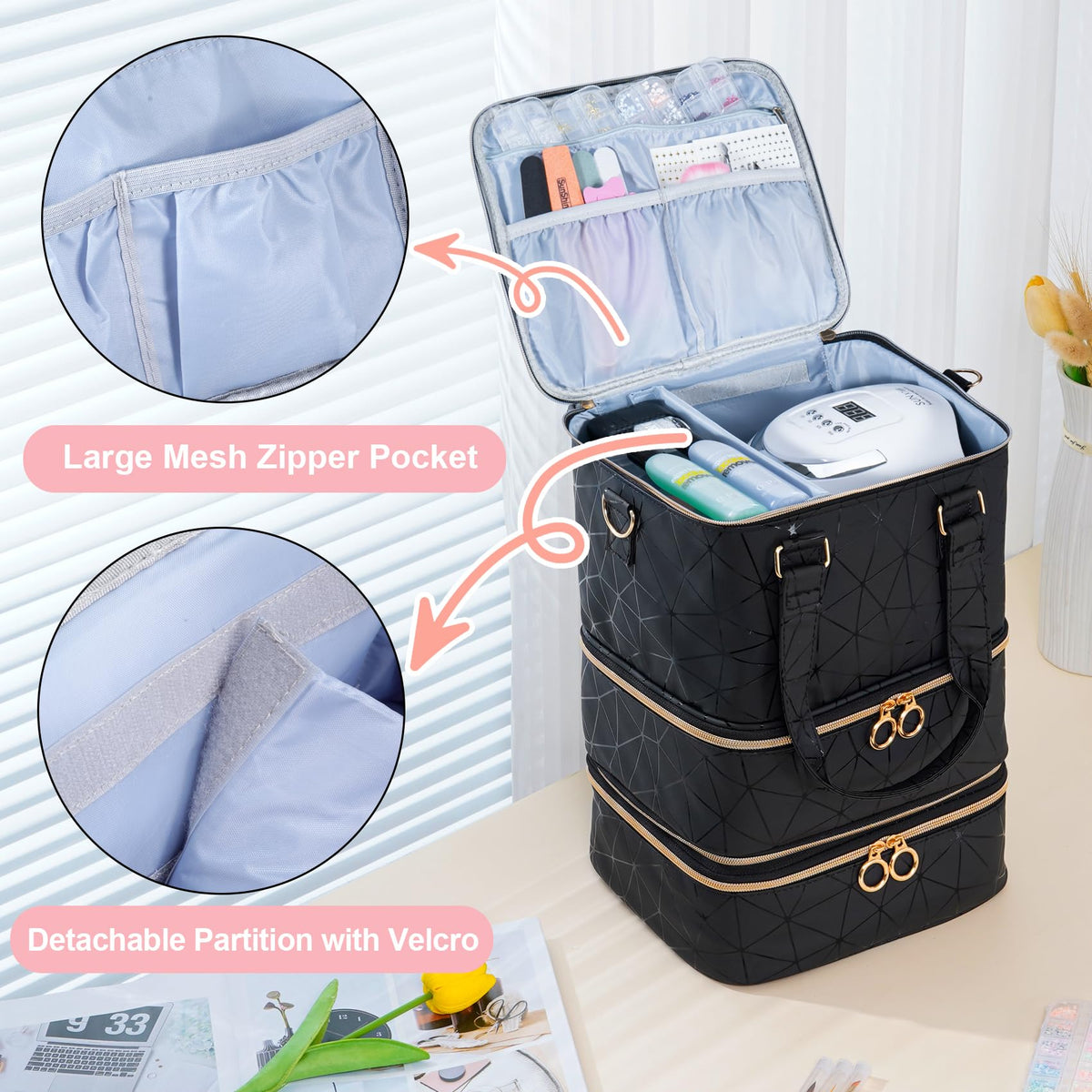 Uross Black Nail Polish Organizer Bag with Three-Layer Storage