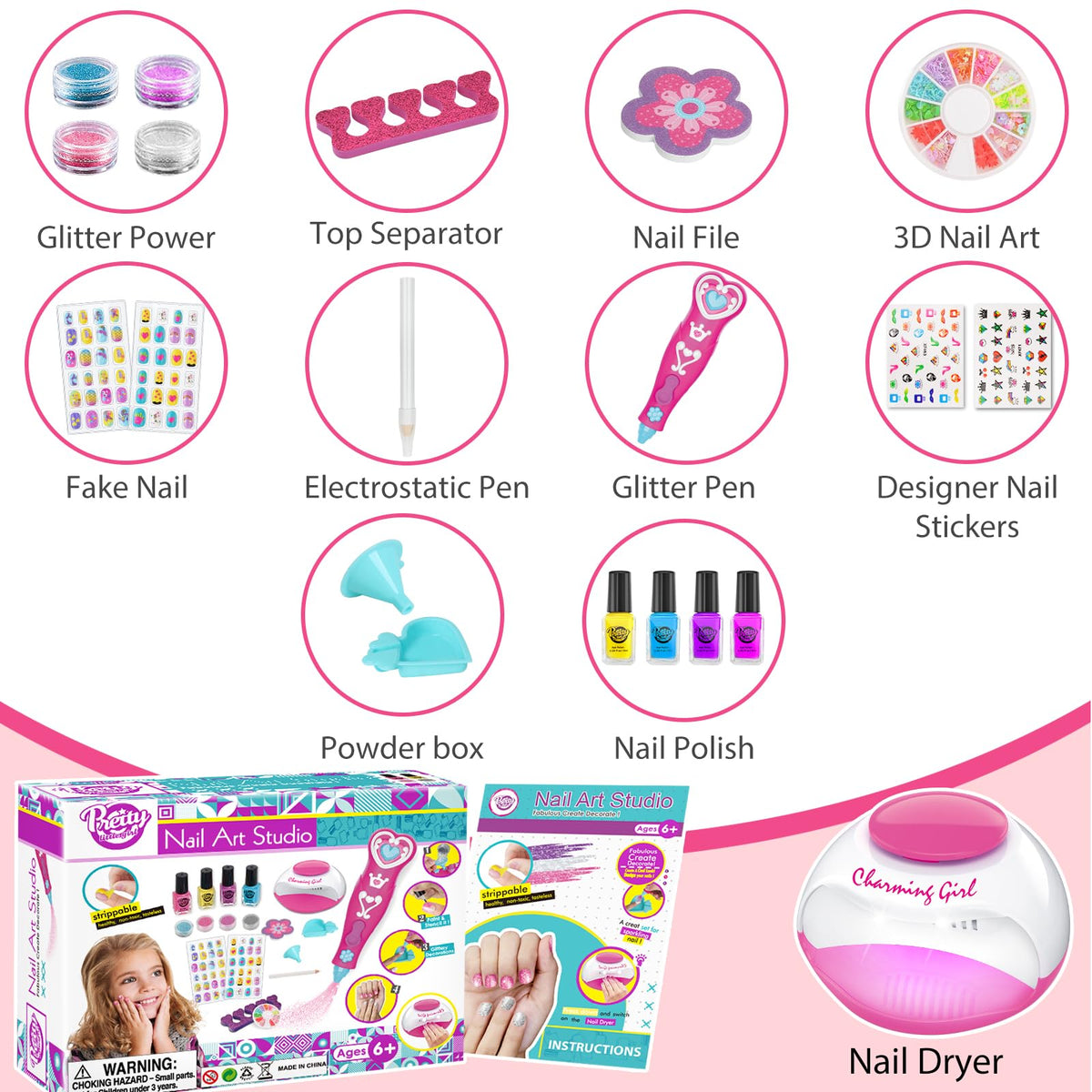 BATTOP Kids Nail Polish Set with Nail Dryer and Glitter Pen