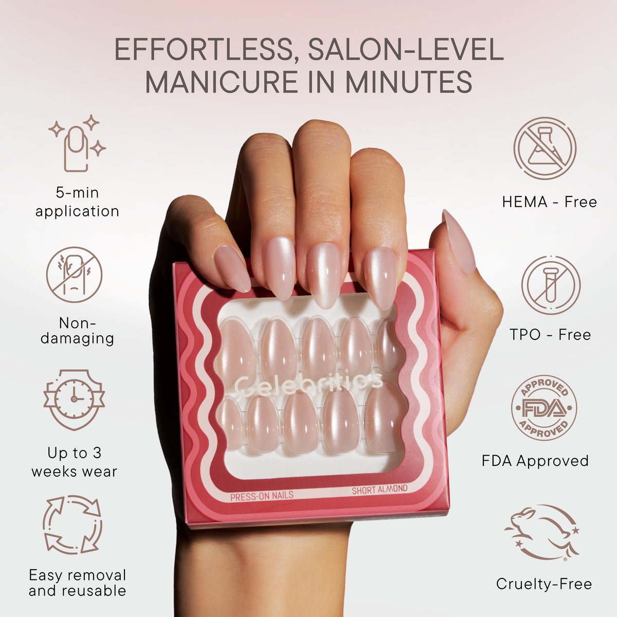Celebritips Nail Art Press-On Nails, Short Almond, Reusable 32-Piece Kit